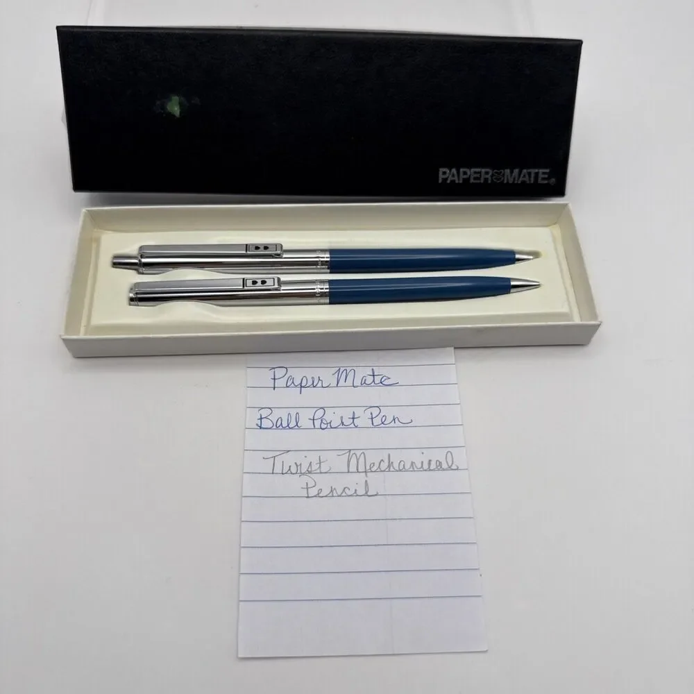Vintage Paper Mate Ballpoint Pen & Mechanical Pencil Set Blue/ Chrome